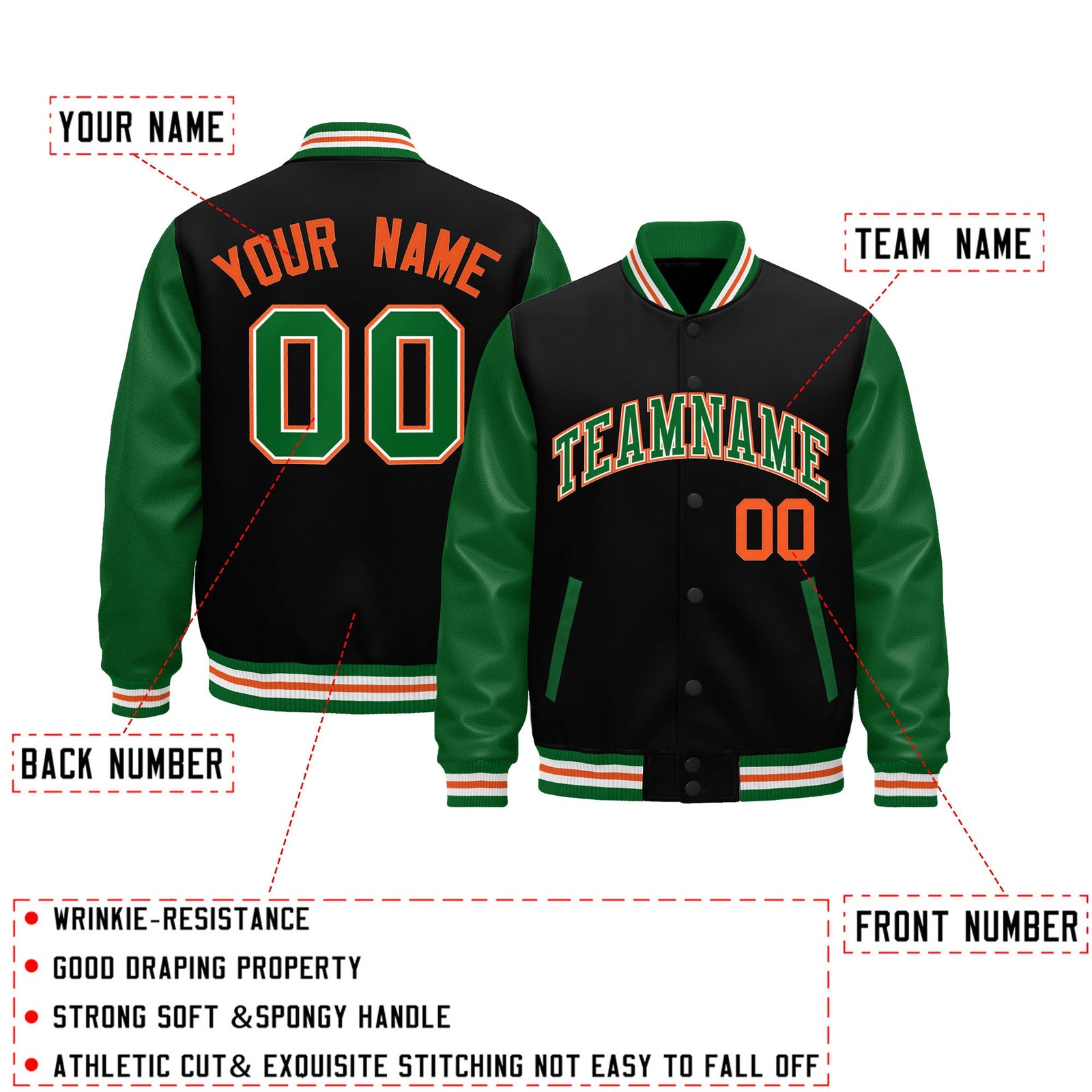 Custom Black Kelly Green White Orange Raglan Sleeves Varsity Full-Snap Letterman Jacket| KXKSHOP