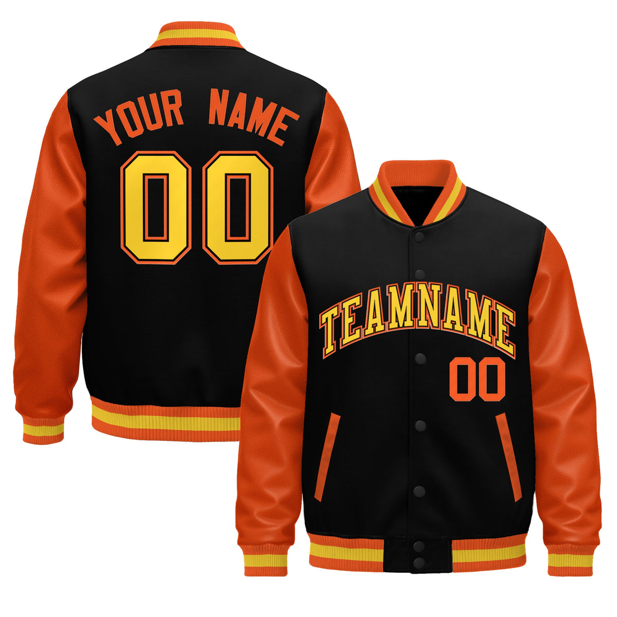 Custom Black Orange Gold Raglan Sleeves Varsity Full-Snap Leather Sleeves Letterman Jacket| KXKSHOP