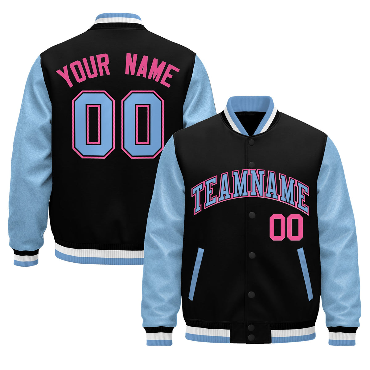 Custom Black Light Blue White Rose Red Raglan Sleeves Varsity Full-Snap Leather Sleeves Letterman Jacket| KXKSHOP