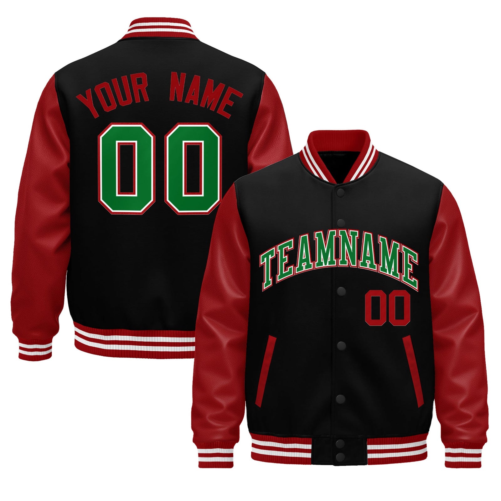 Custom Black Red Kelly Green Raglan Sleeves Varsity Full-Snap Leather Sleeves Letterman Jacket| KXKSHOP