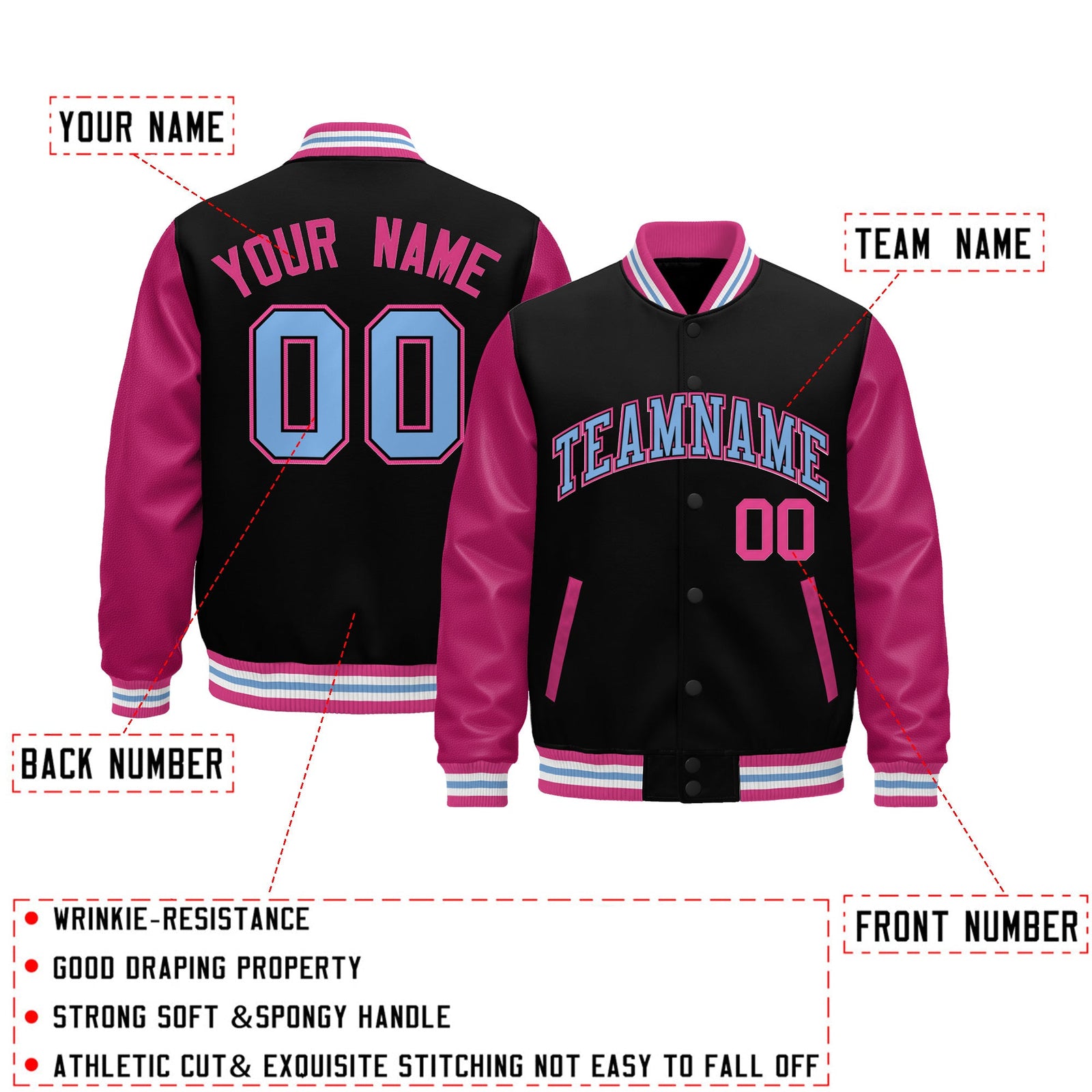Custom Black Pink White Light Blue Raglan Sleeves Varsity Full-Snap Leather Sleeves Letterman Jacket| KXKSHOP