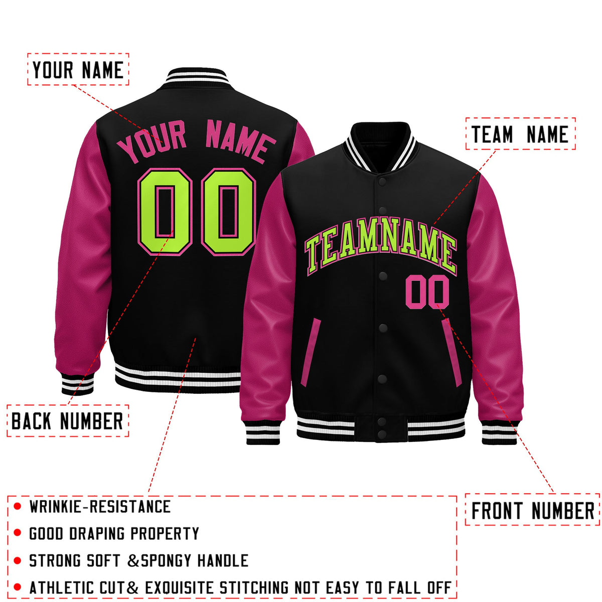 Custom Black Pink White Neon Green Raglan Sleeves Varsity Full-Snap Leather Sleeves Letterman Jacket| KXKSHOP