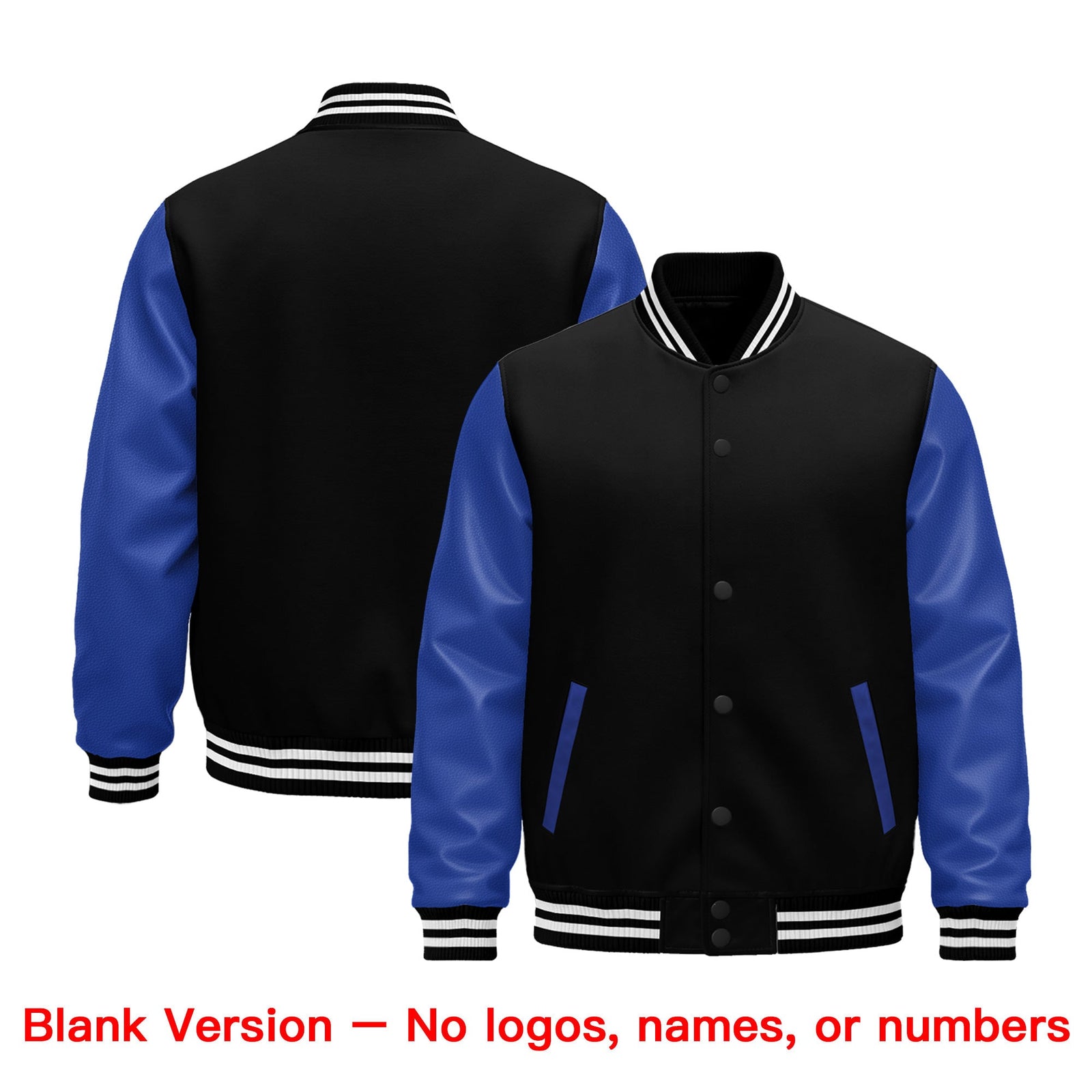 Custom Black Royal Blue White Raglan Sleeves Varsity Full-Snap Leather Sleeves Letterman Jacket| KXKSHOP
