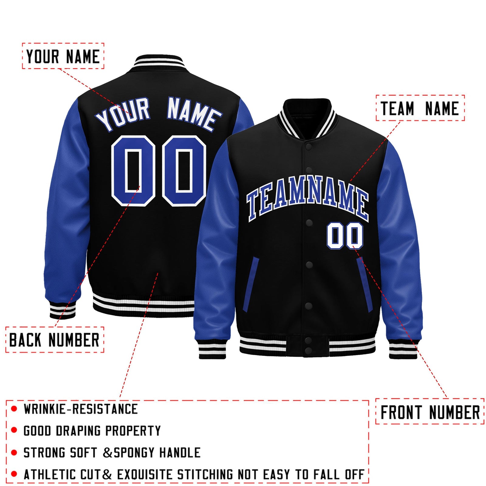 Custom Black Royal Blue White Raglan Sleeves Varsity Full-Snap Leather Sleeves Letterman Jacket| KXKSHOP