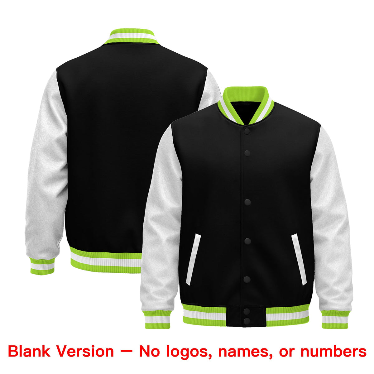 Custom Black Neon Green White Raglan Sleeves Varsity Full-Snap Leather Sleeves Letterman Jacket| KXKSHOP