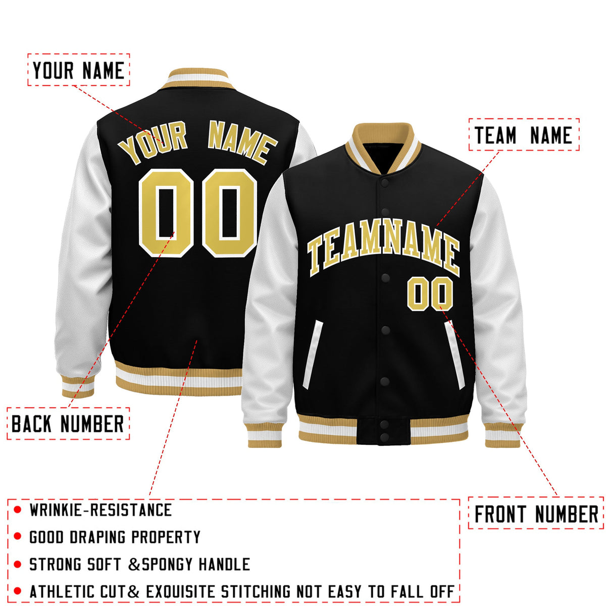 Custom Black Old Gold White Raglan Sleeves Varsity Full-Snap Leather Sleeves Letterman Jacket| KXKSHOP