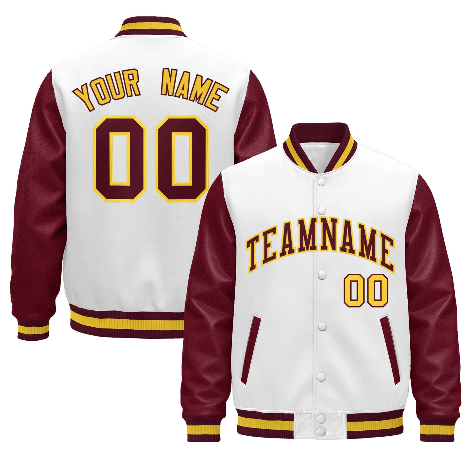 Custom Burgundy White Crimson Gold Raglan Sleeves Varsity Full-Snap Leather Sleeves Letterman Jacket| KXKSHOP