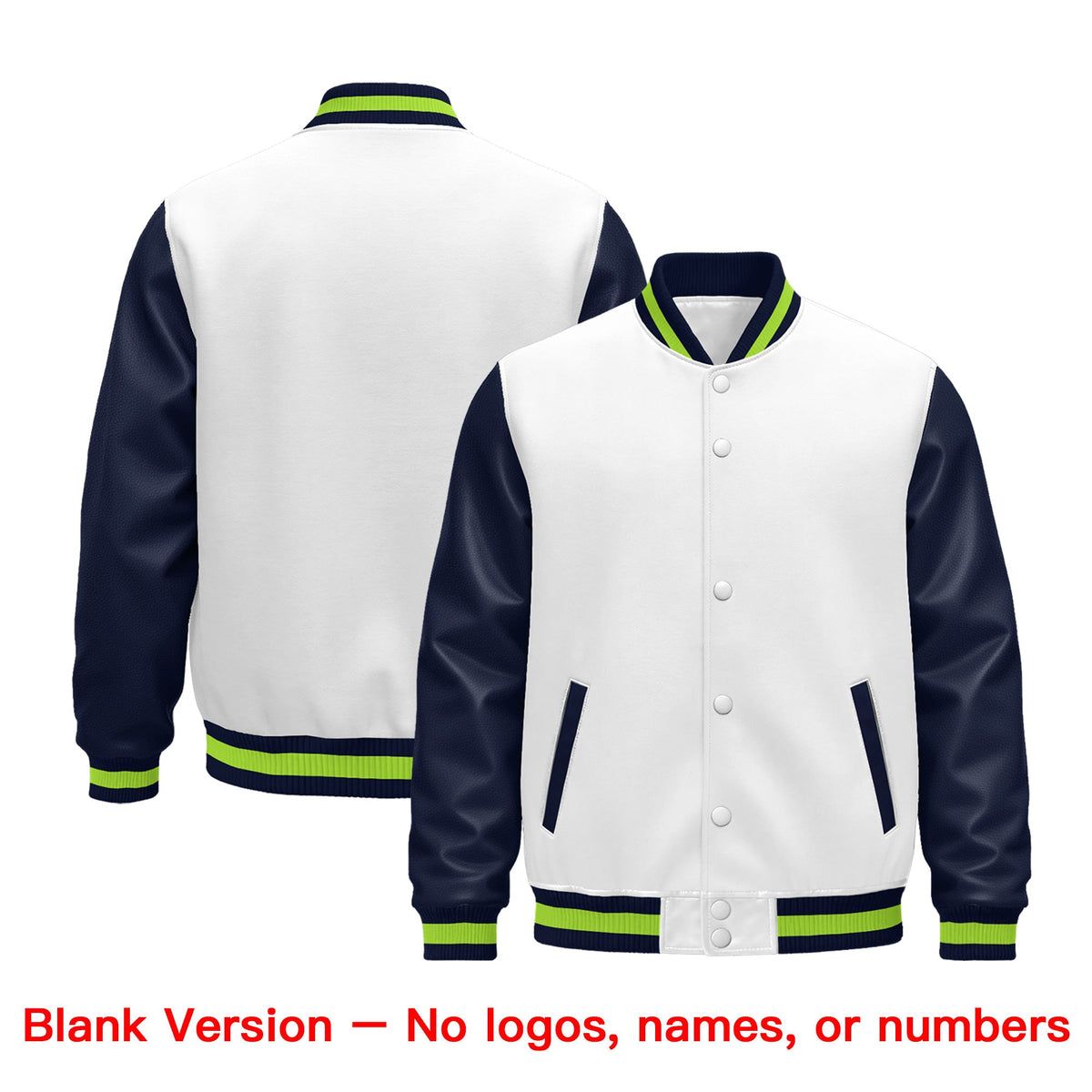 Custom Navy White Neon Green Raglan Sleeves Varsity Full-Snap Leather Sleeves Letterman Jacket| KXKSHOP