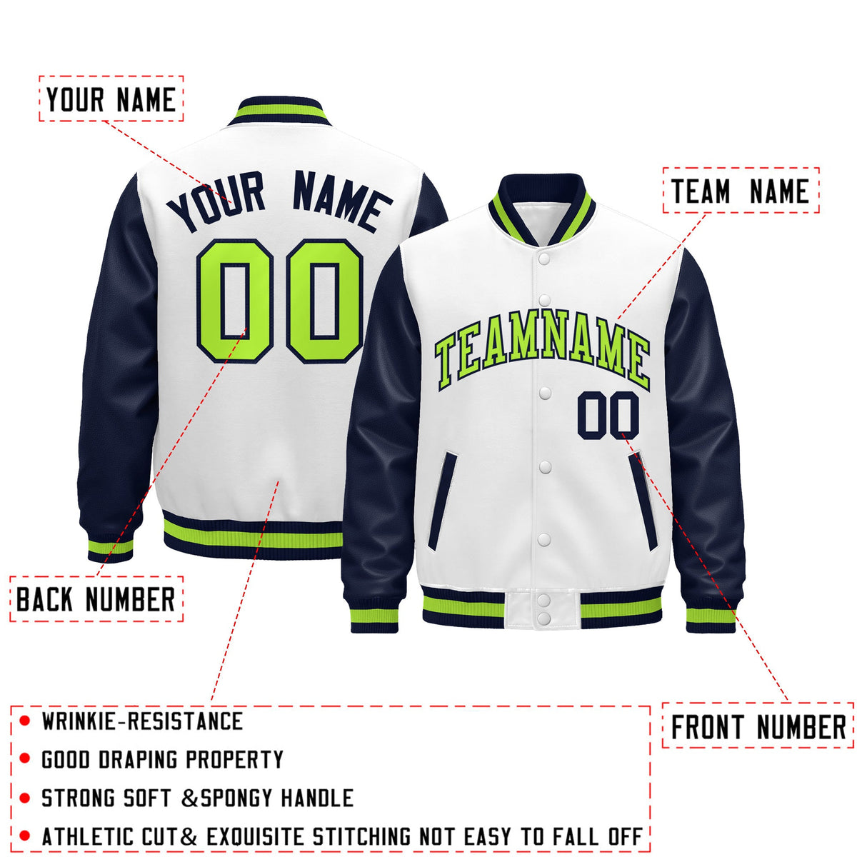Custom Navy White Neon Green Raglan Sleeves Varsity Full-Snap Leather Sleeves Letterman Jacket| KXKSHOP