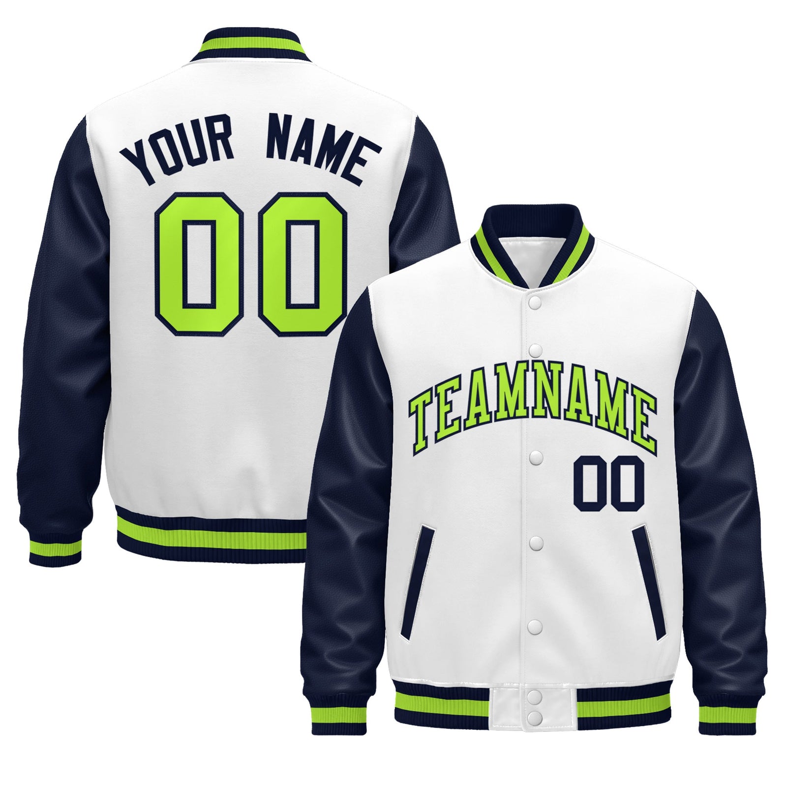 Custom Navy White Neon Green Raglan Sleeves Varsity Full-Snap Leather Sleeves Letterman Jacket| KXKSHOP