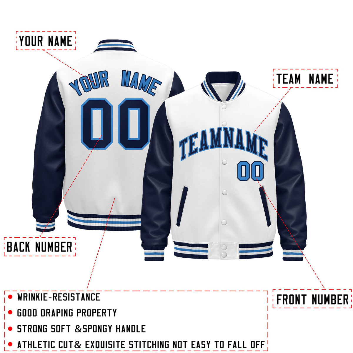 Custom Navy White Powder Blue Raglan Sleeves Varsity Full-Snap Leather Sleeves Letterman Jacket| KXKSHOP