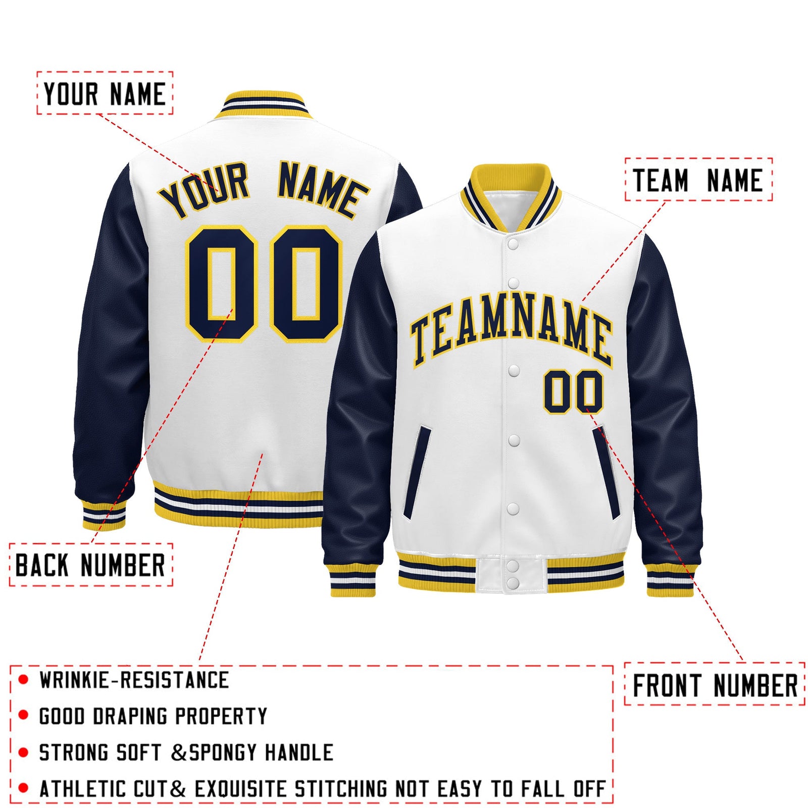 Custom Navy White Gold Raglan Sleeves Varsity Full-Snap Leather Sleeves Letterman Jacket| KXKSHOP