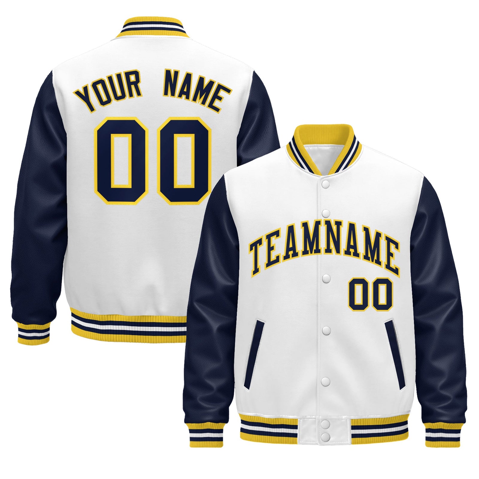 Custom Navy White Gold Raglan Sleeves Varsity Full-Snap Leather Sleeves Letterman Jacket| KXKSHOP