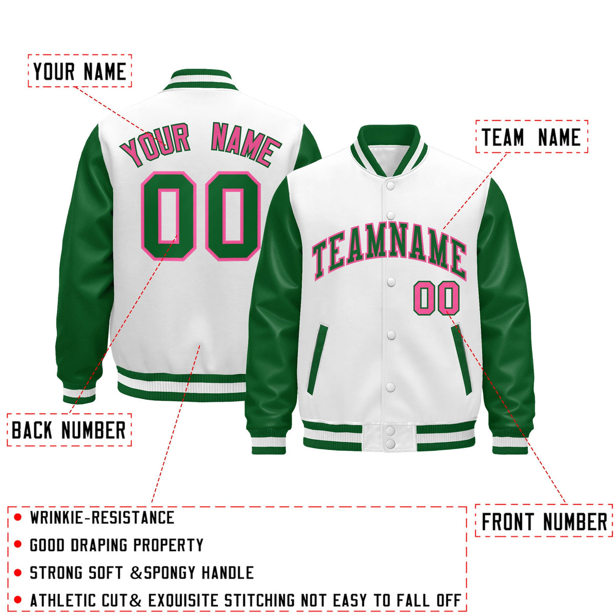 Custom Kelly Green White Rose Red Raglan Sleeves Varsity Full-Snap Letterman Jacket| KXKSHOP