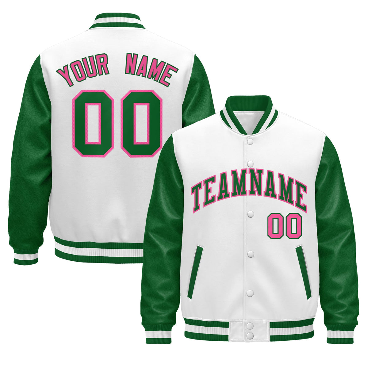 Custom Kelly Green White Rose Red Raglan Sleeves Varsity Full-Snap Letterman Jacket| KXKSHOP
