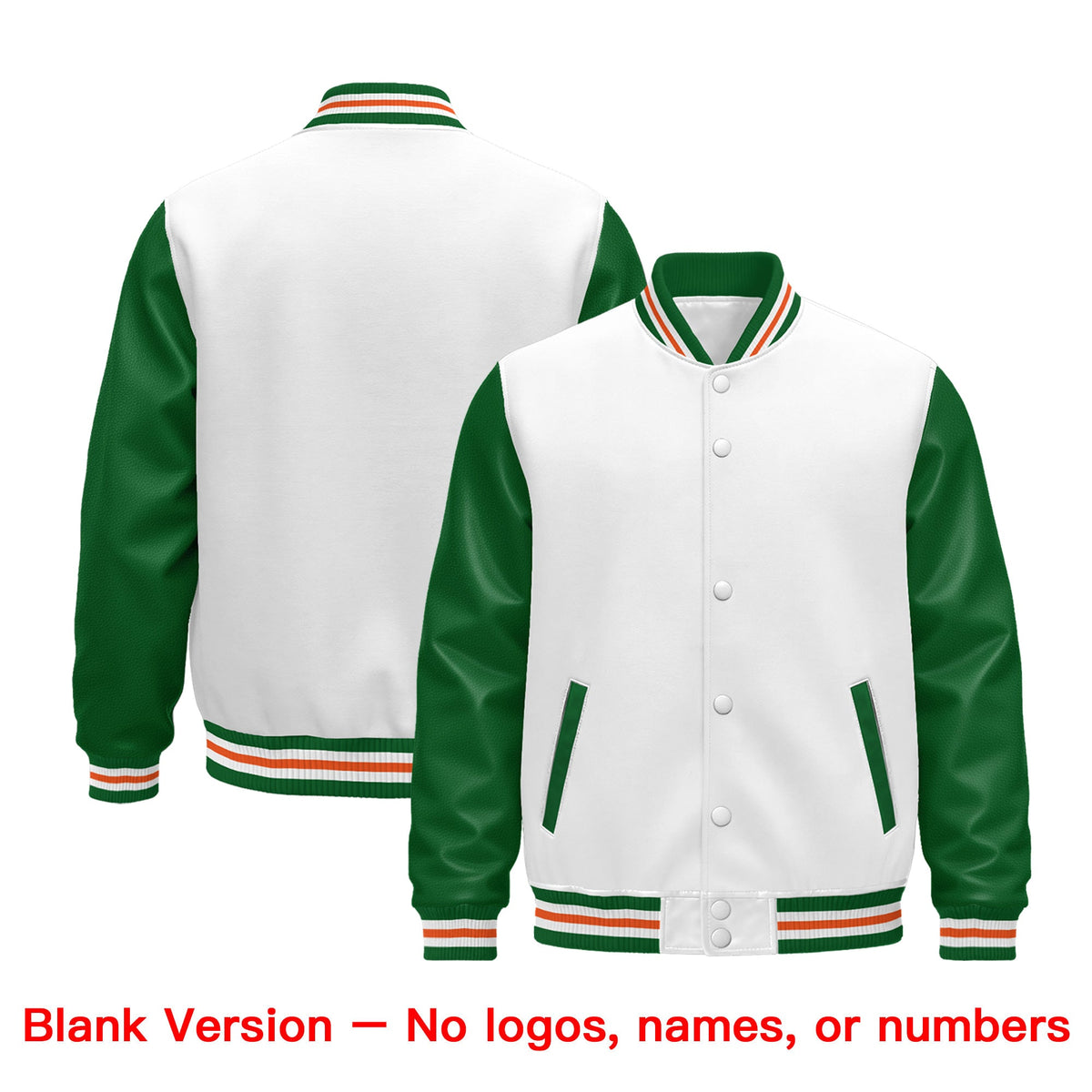 Custom White Kelly Green Orange Raglan Sleeves Varsity Full-Snap Leather Sleeves Letterman Jacket| KXKSHOP