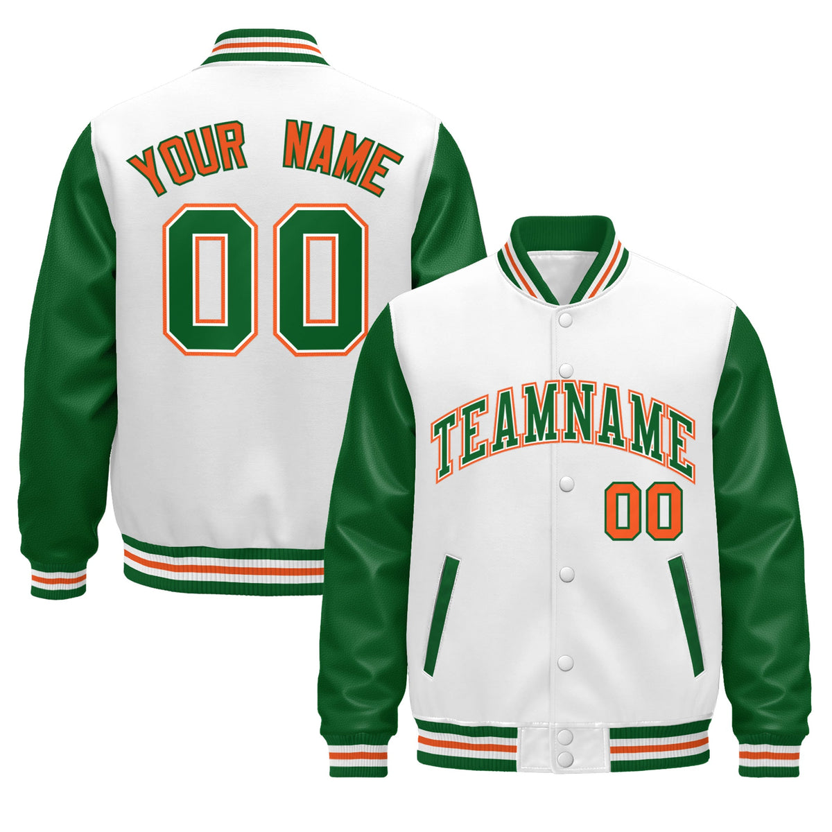 Custom White Kelly Green Orange Raglan Sleeves Varsity Full-Snap Letterman Jacket| KXKSHOP