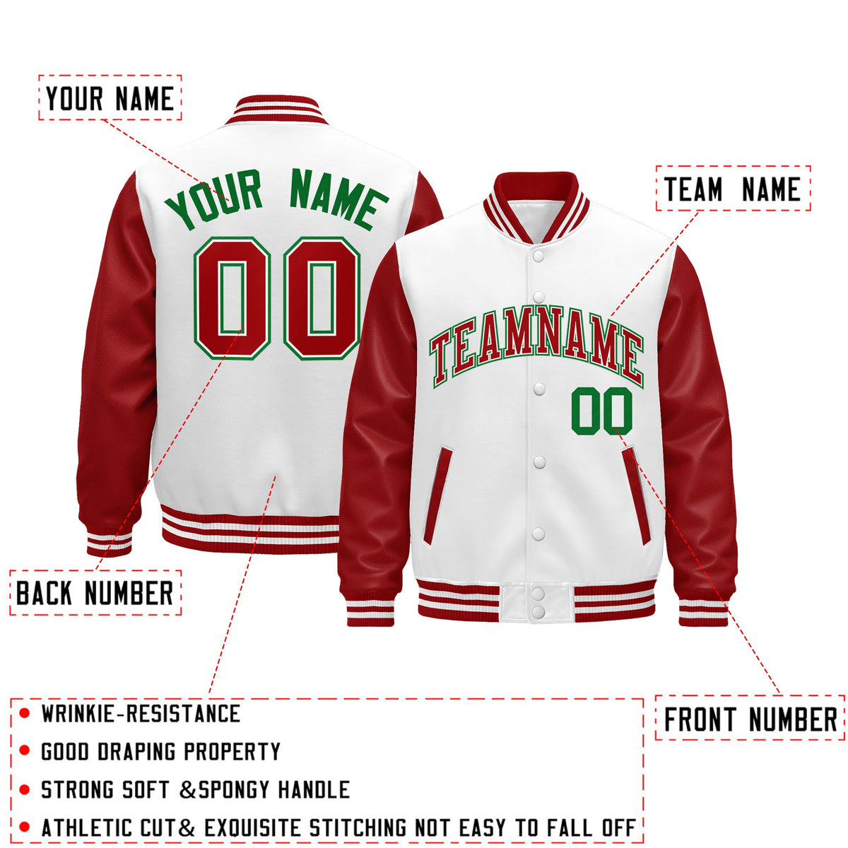 Custom Red White Kelly Green Raglan Sleeves Varsity Full-Snap Letterman Jacket| KXKSHOP