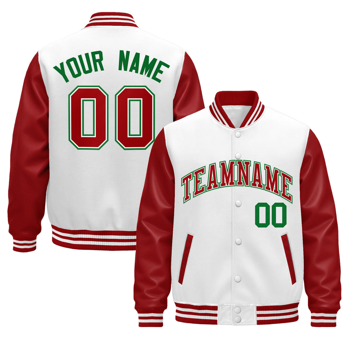 Custom Red White Kelly Green Raglan Sleeves Varsity Full-Snap Leather Sleeves Letterman Jacket| KXKSHOP