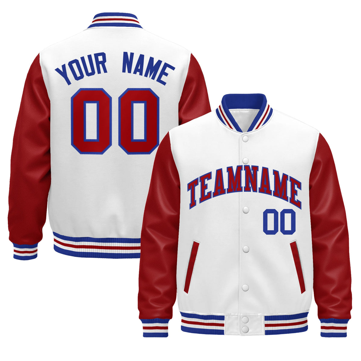 Custom White Red Royal Blue Raglan Sleeves Varsity Full-Snap Leather Sleeves Letterman Jacket| KXKSHOP