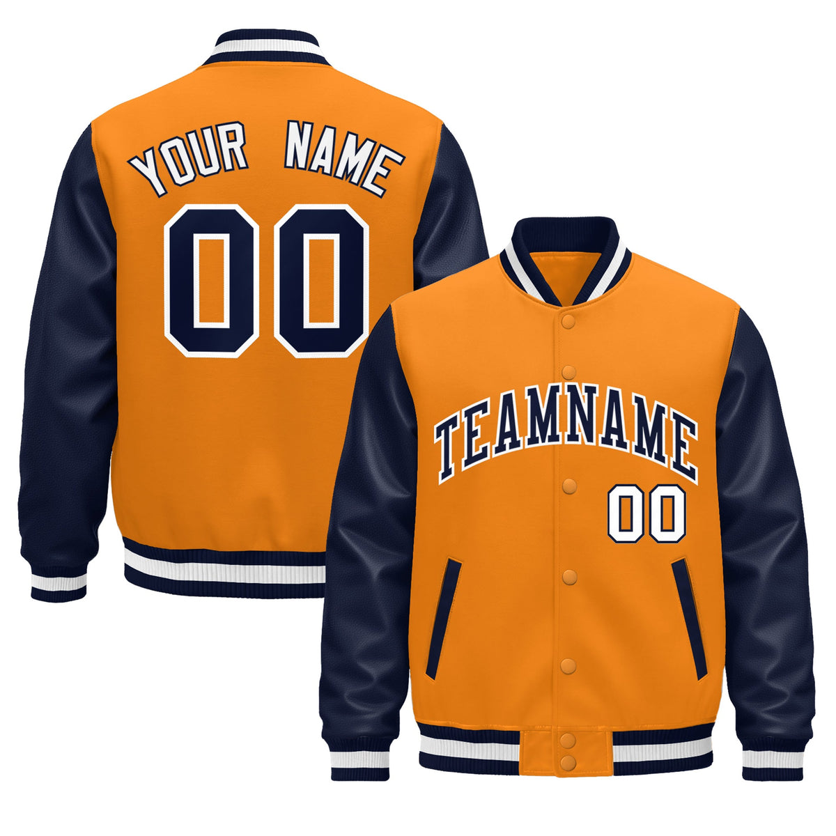 Custom Navy Orange White Raglan Sleeves Varsity Full-Snap Leather Sleeves Letterman Jacket| KXKSHOP