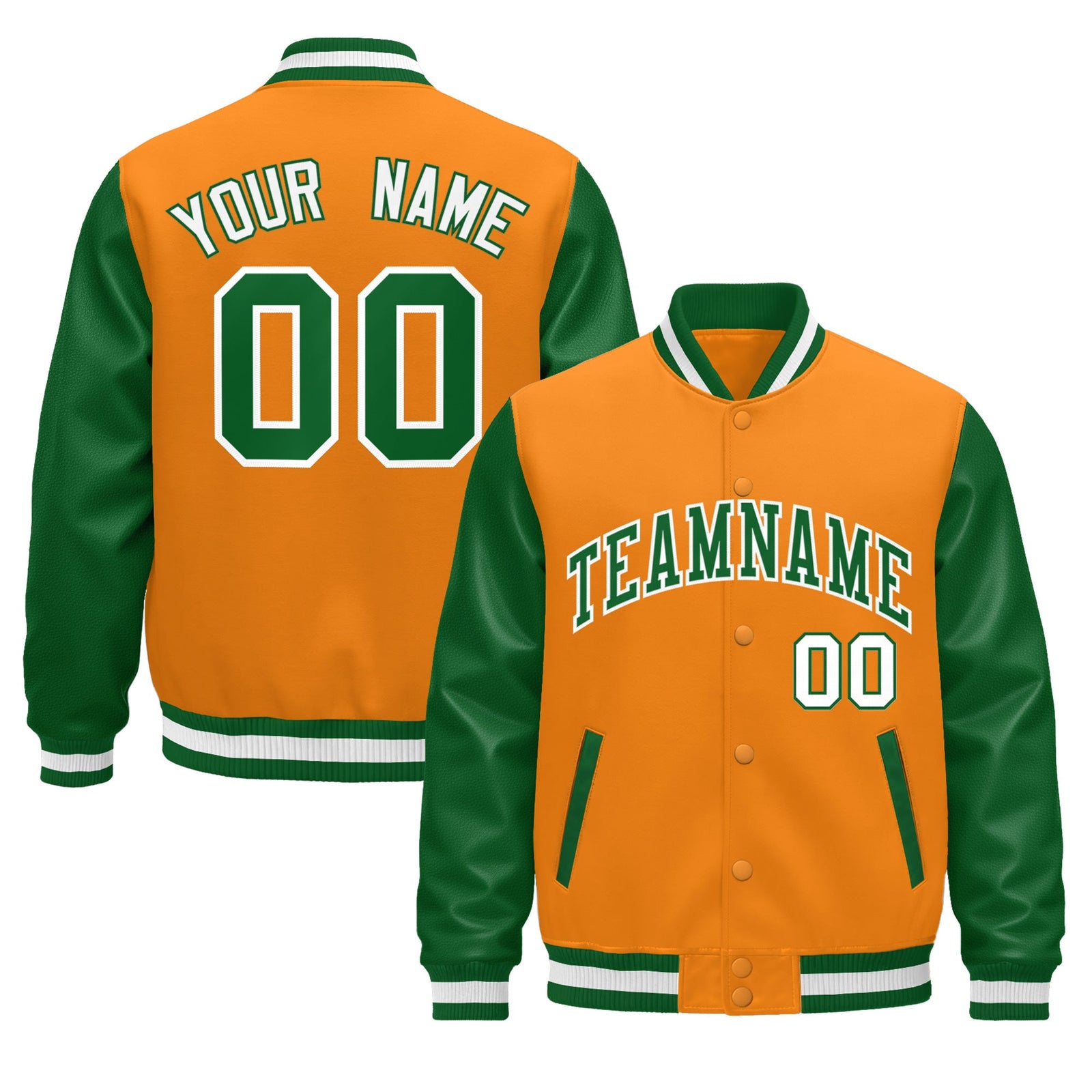 Custom Kelly Green Orange White Raglan Sleeves Varsity Full-Snap Leather Sleeves Letterman Jacket| KXKSHOP