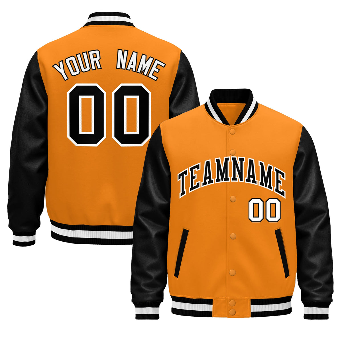 Custom Black Orange White Raglan Sleeves Varsity Full-Snap Leather Sleeves Letterman Jacket| KXKSHOP