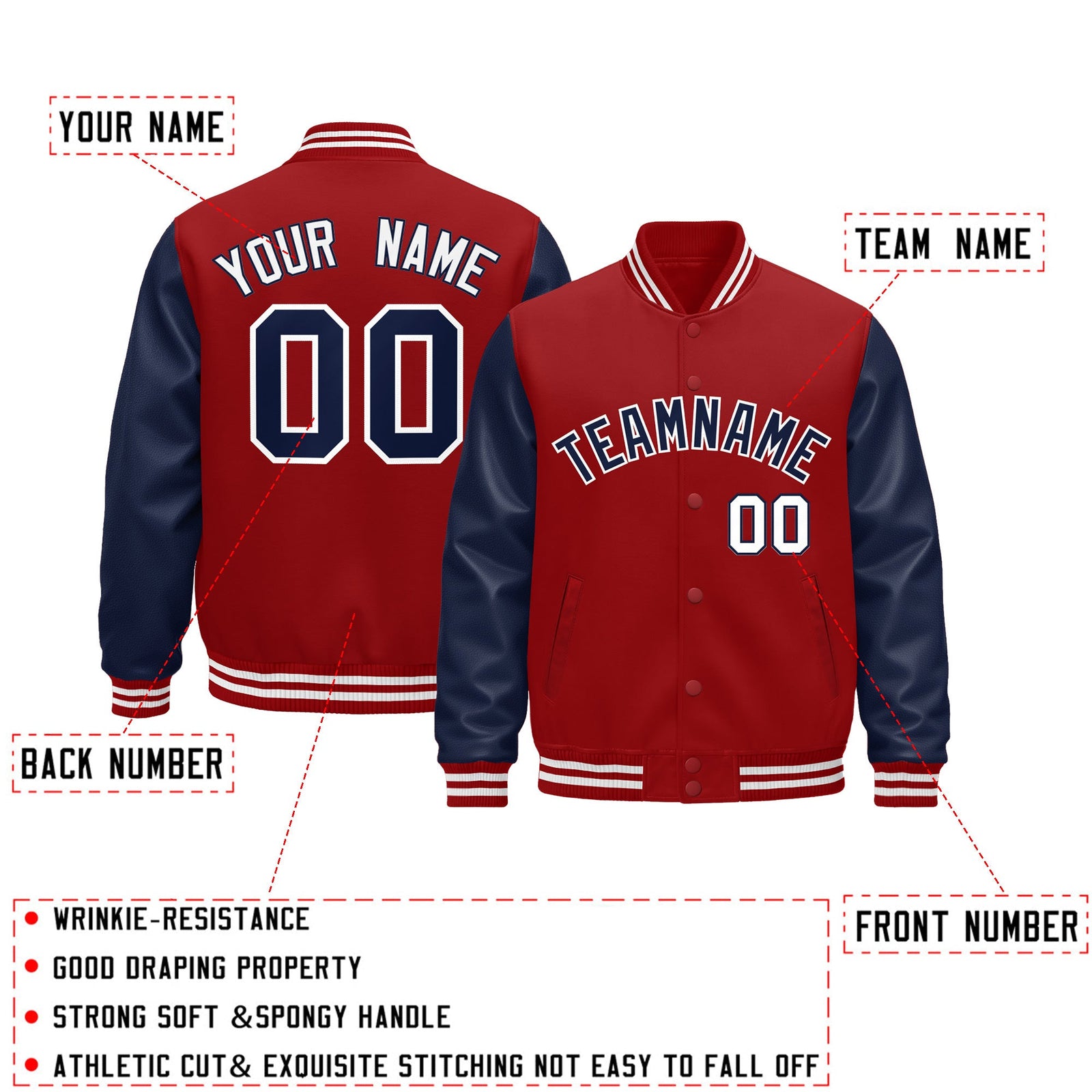 Custom Navy Red White Raglan Sleeves Varsity Full-Snap Leather Sleeves Letterman Jacket| KXKSHOP