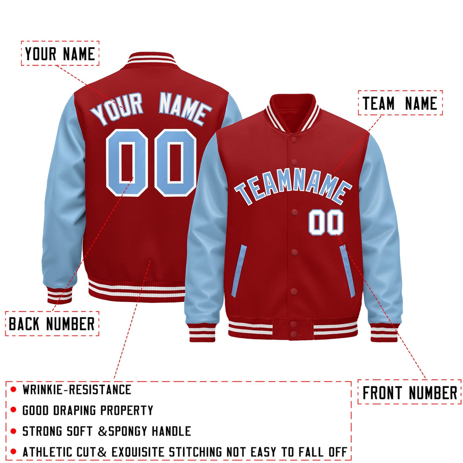 Custom Cream Light Blue Red Raglan Sleeves Varsity Full-Snap Leather Sleeves Letterman Jacket| KXKSHOP