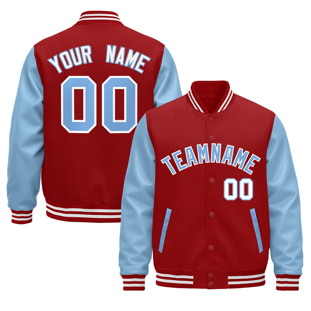Custom Cream Light Blue Red Raglan Sleeves Varsity Full-Snap Leather Sleeves Letterman Jacket| KXKSHOP