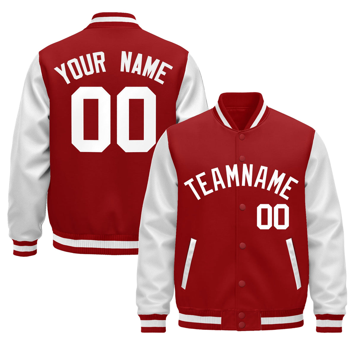 Custom Red White Raglan Sleeves Varsity Full-Snap Leather Sleeves Letterman Jacket| KXKSHOP