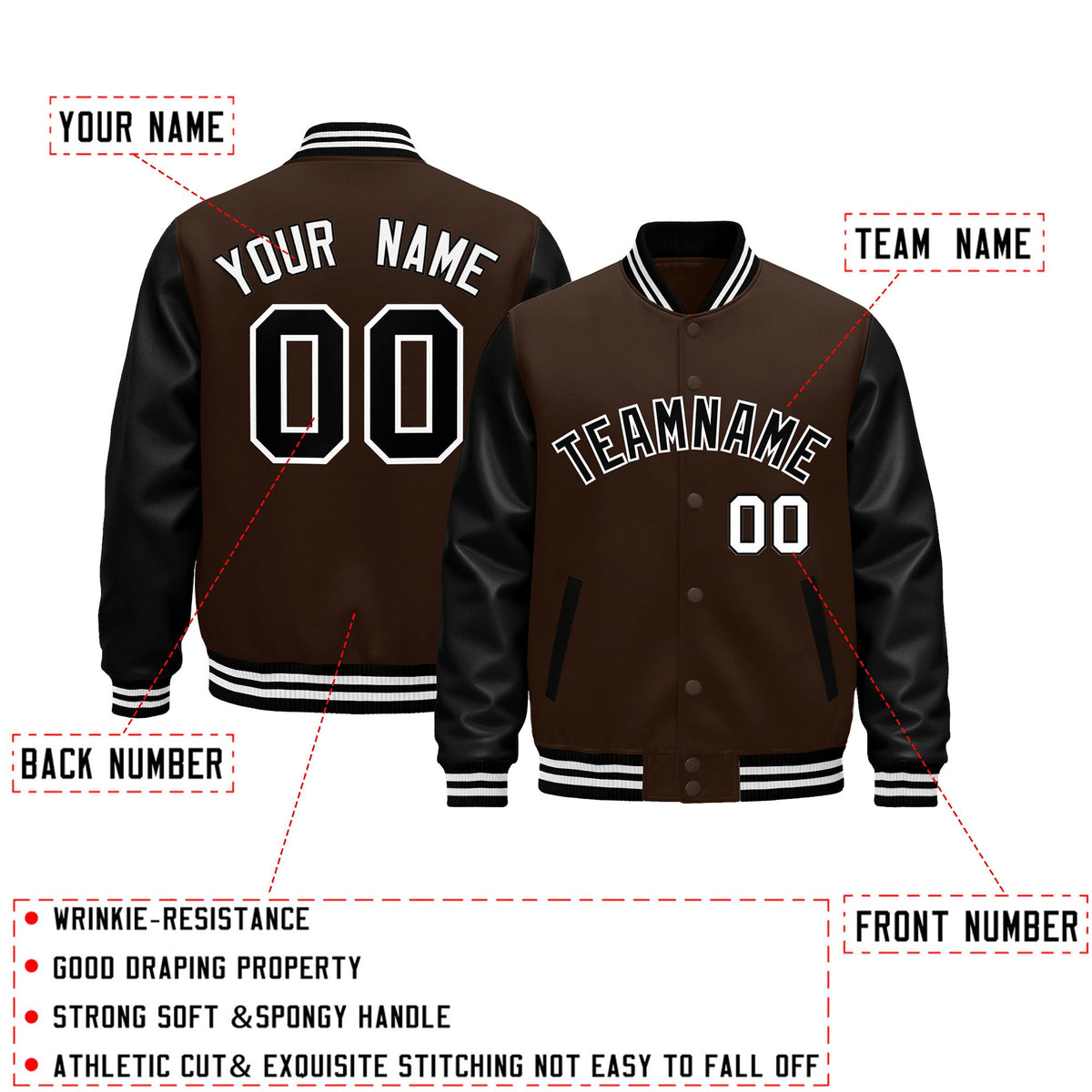 Custom Black Brown White Raglan Sleeves Varsity Full-Snap Leather Sleeves Letterman Jacket| KXKSHOP