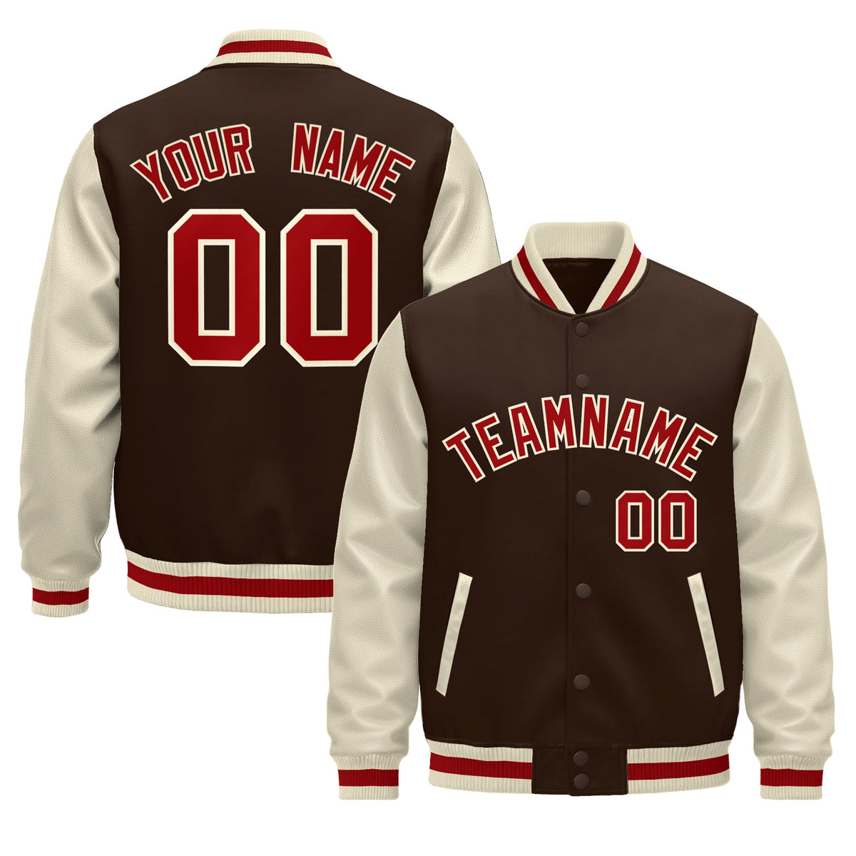 Custom Cream Brown Red Raglan Sleeves Varsity Full-Snap Leather Sleeves Letterman Jacket| KXKSHOP
