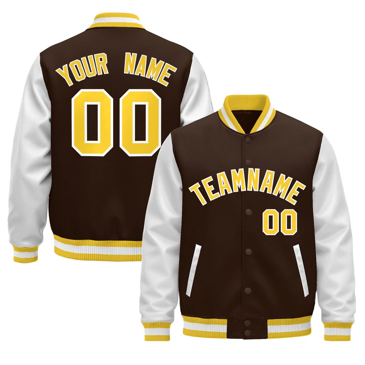 Custom White Brown Gold Raglan Sleeves Varsity Full-Snap Leather Sleeves Letterman Jacket| KXKSHOP