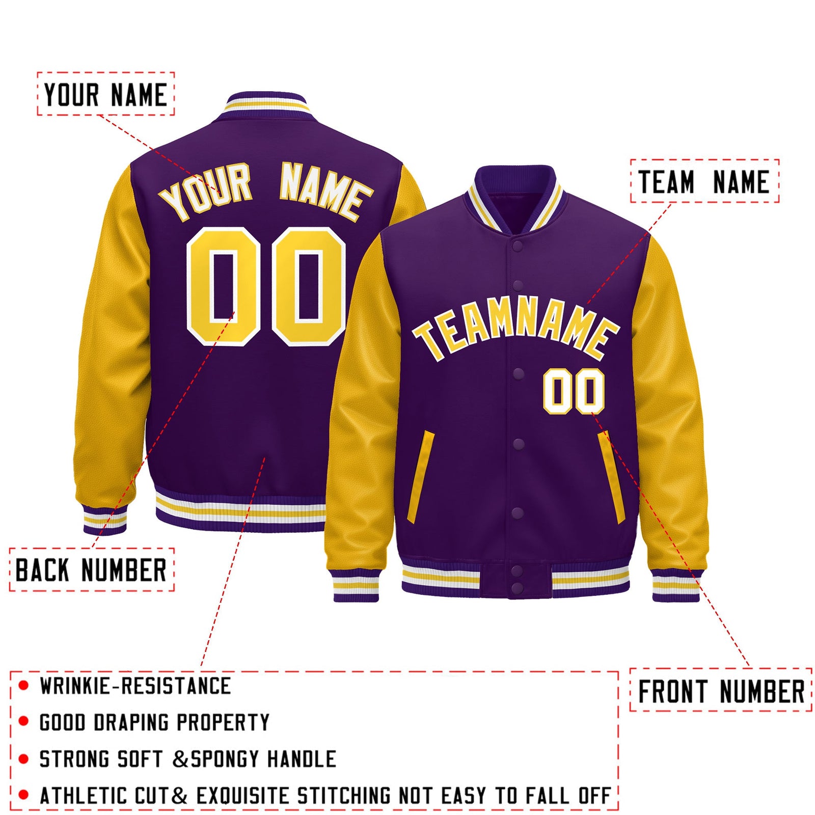 Custom Purple Gold White Raglan Sleeves Varsity Full-Snap Leather Sleeves Letterman Jacket| KXKSHOP