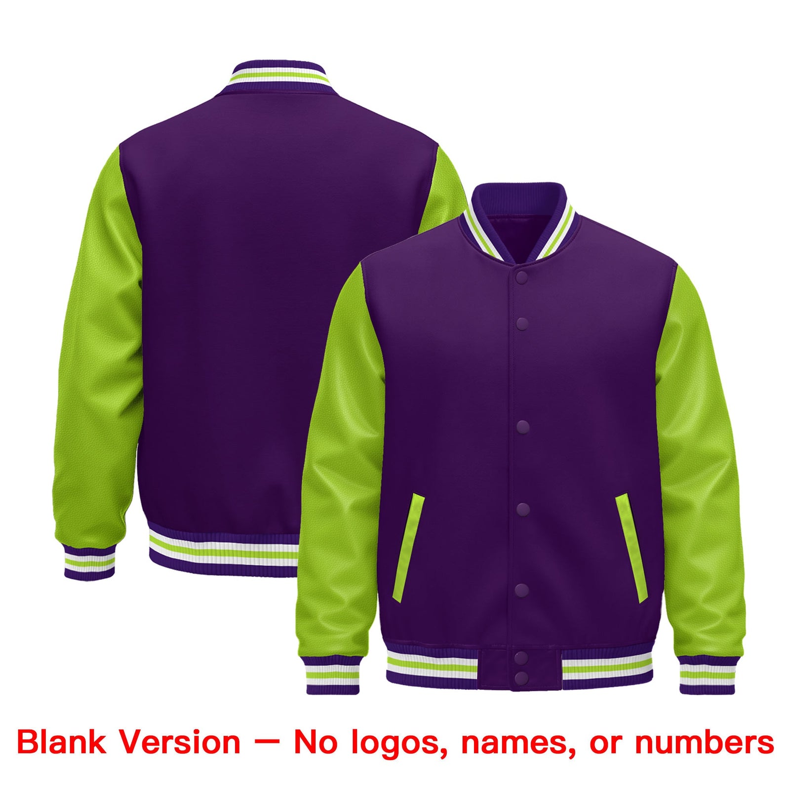 Custom Purple Neon Green White Raglan Sleeves Varsity Full-Snap Leather Sleeves Letterman Jacket| KXKSHOP