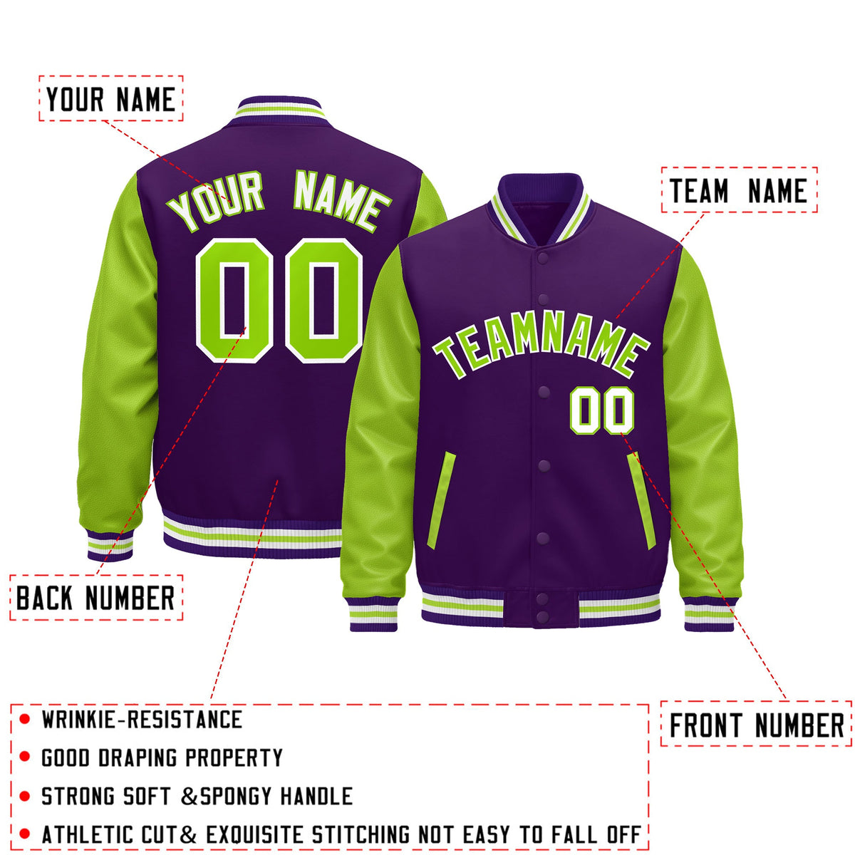 Custom Purple Neon Green White Raglan Sleeves Varsity Full-Snap Leather Sleeves Letterman Jacket| KXKSHOP