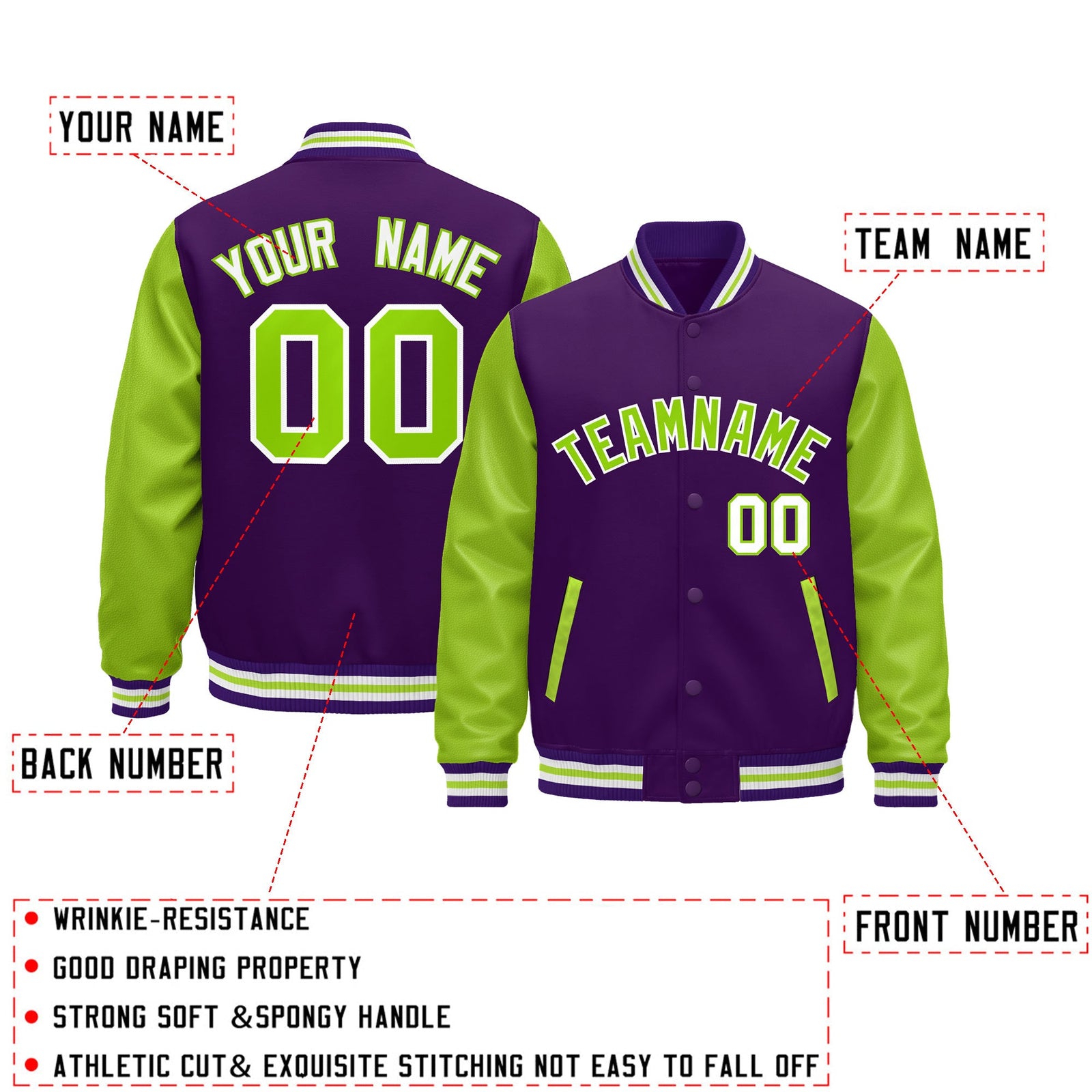 Custom Purple Neon Green White Raglan Sleeves Varsity Full-Snap Leather Sleeves Letterman Jacket| KXKSHOP