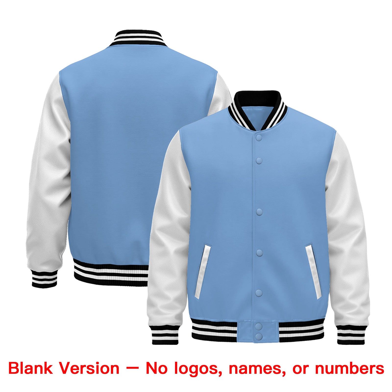 Custom Light Blue Black White Raglan Sleeves Varsity Full-Snap Leather Sleeves Letterman Jacket| KXKSHOP