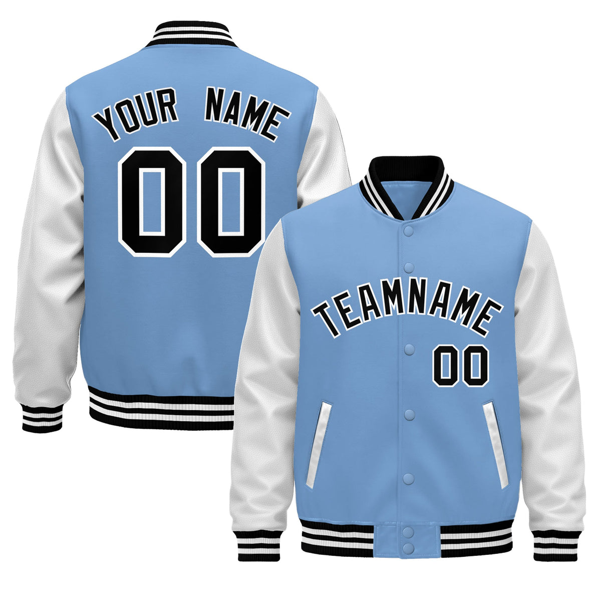 Custom Light Blue Black White Raglan Sleeves Varsity Full-Snap Leather Sleeves Letterman Jacket| KXKSHOP