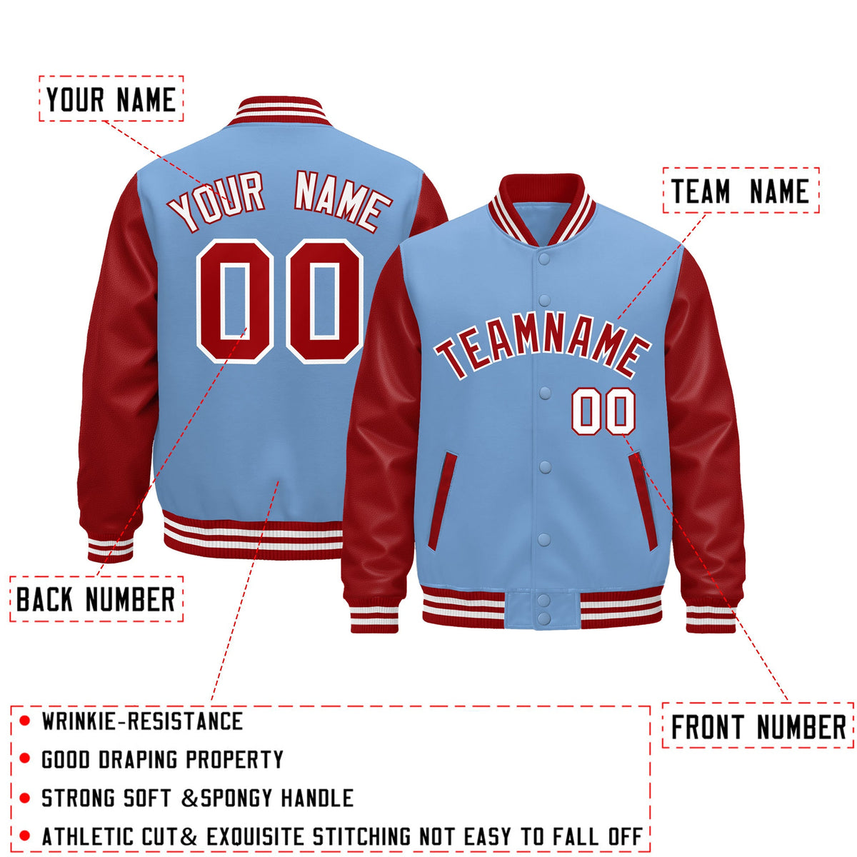 Custom Light Blue Red White Raglan Sleeves Varsity Full-Snap Leather Sleeves Letterman Jacket| KXKSHOP