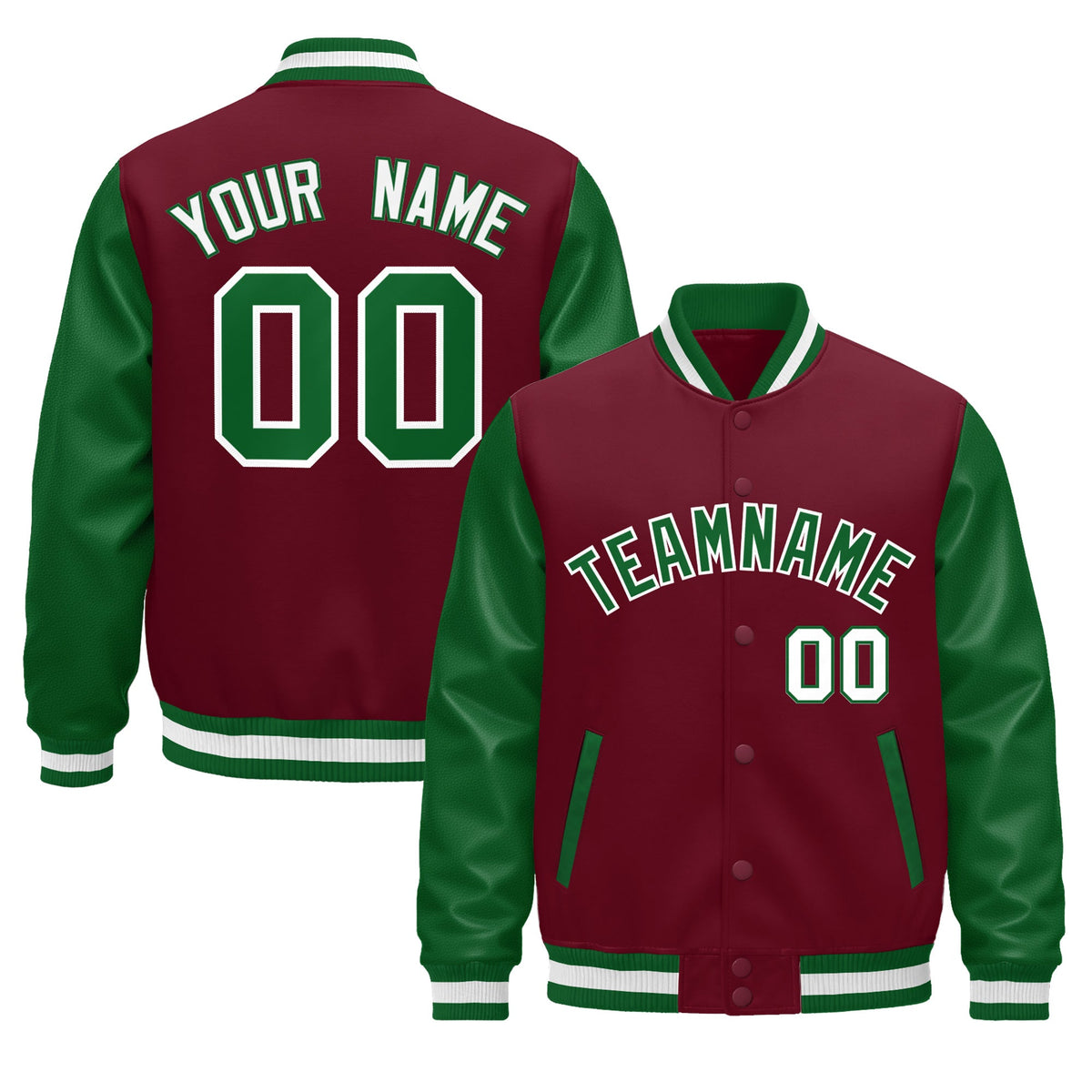 Custom Crimson Kelly Green White Raglan Sleeves Varsity Full-Snap Leather Sleeves Letterman Jacket| KXKSHOP