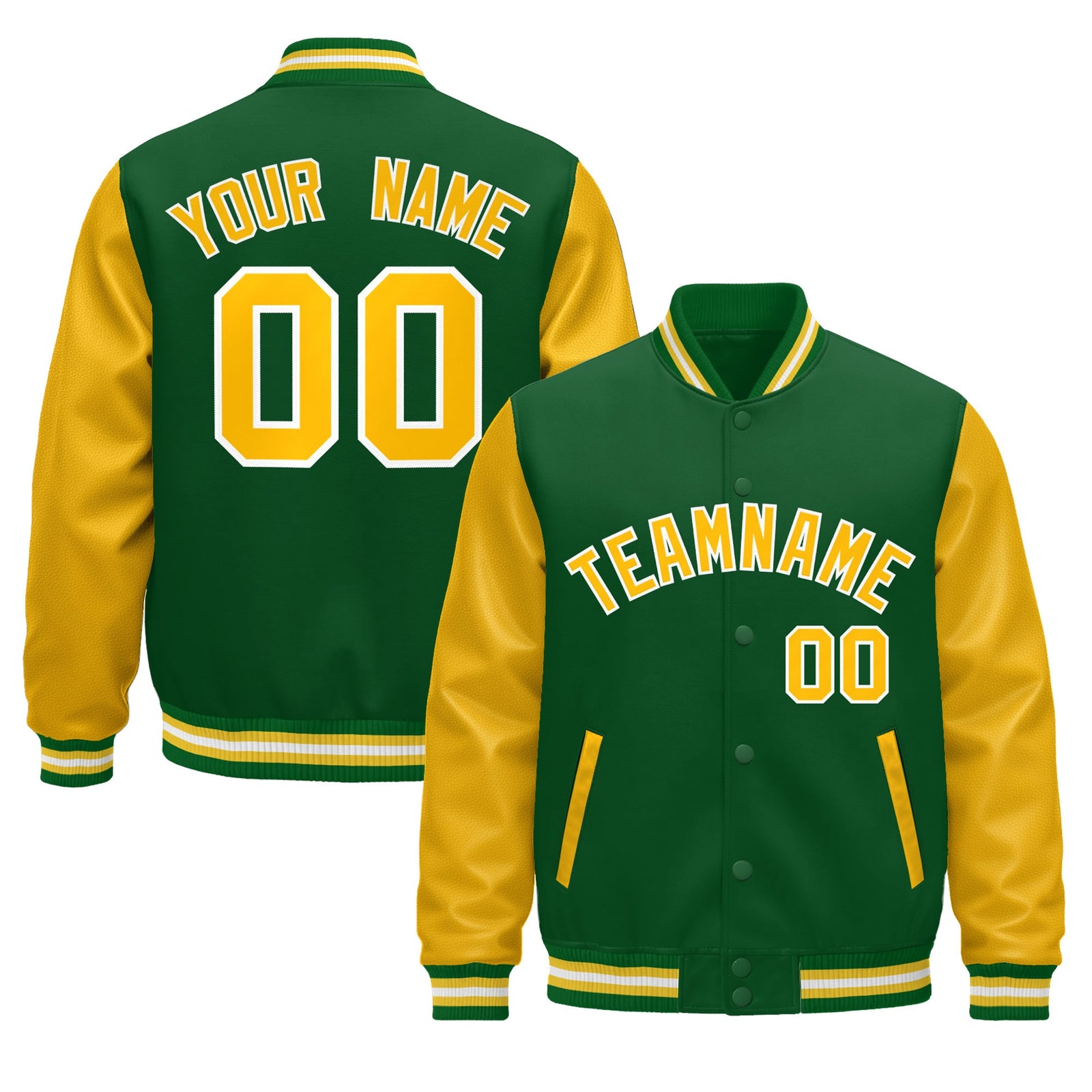 Custom Kelly Green Gold White Raglan Sleeves Varsity Full-Snap Leather Sleeves Letterman Jacket| KXKSHOP