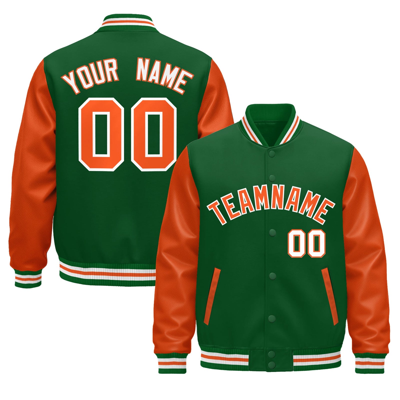 Custom Kelly Green Orange White Raglan Sleeves Varsity Full-Snap Letterman Jacket| KXKSHOP