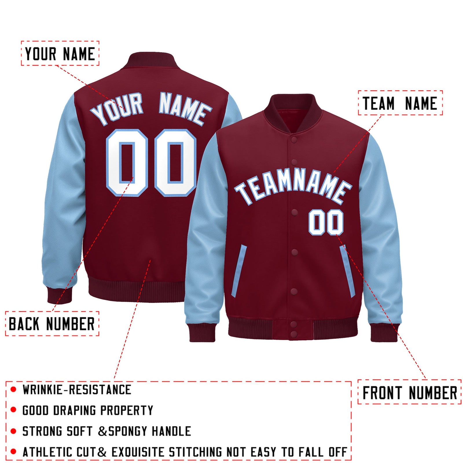 Custom Crimson Light Blue White Raglan Sleeves Varsity Full-Snap Leather Sleeves Letterman Jacket| KXKSHOP