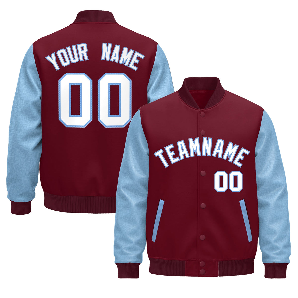 Custom Crimson Light Blue White Raglan Sleeves Varsity Full-Snap Leather Sleeves Letterman Jacket| KXKSHOP