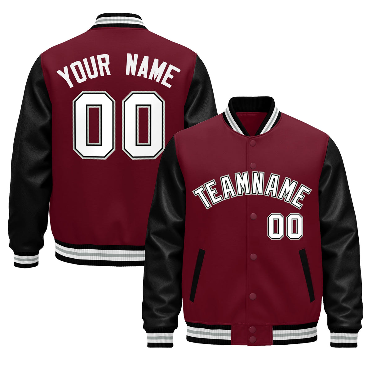 Custom Crimson Black White Gray Raglan Sleeves Varsity Full-Snap Leather Sleeves Letterman Jacket| KXKSHOP