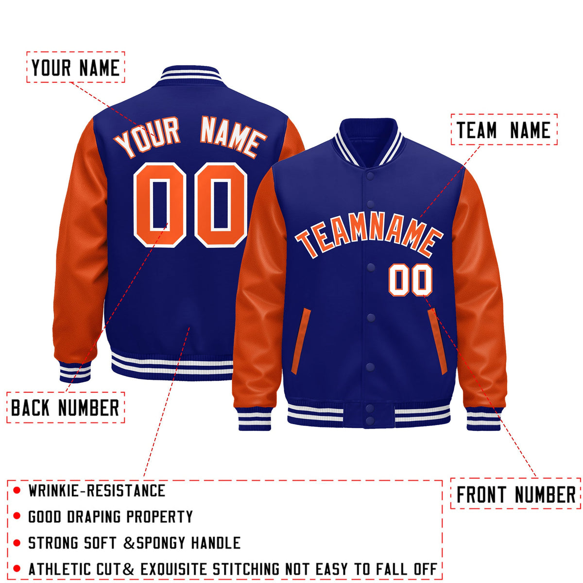 Custom Royal Blue Orange White Raglan Sleeves Varsity Full-Snap Leather Sleeves Letterman Jacket| KXKSHOP