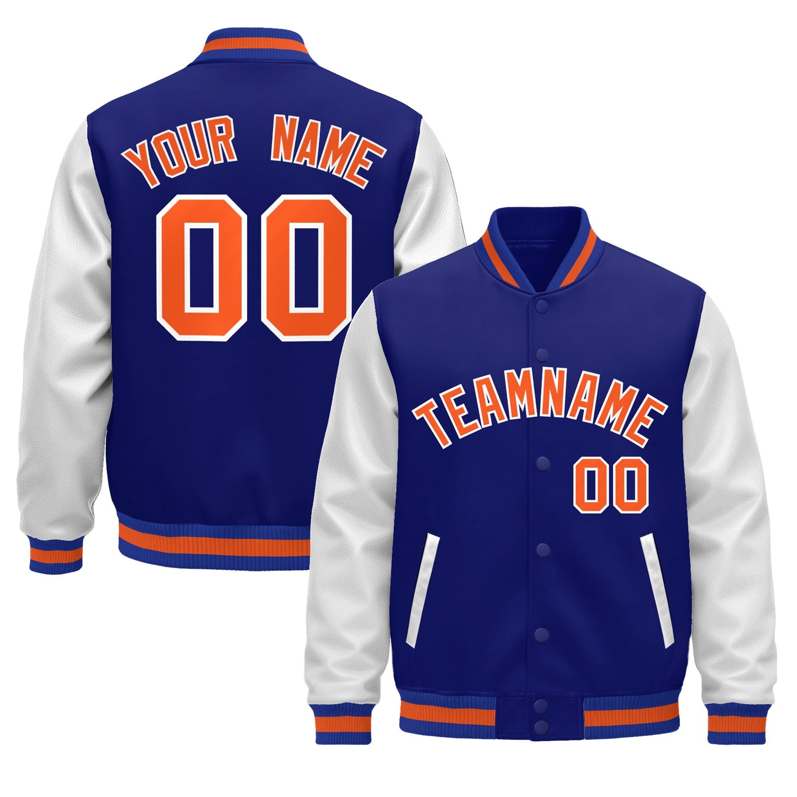 Custom Royal Blue White Orange Raglan Sleeves Varsity Full-Snap Leather Sleeves Letterman Jacket| KXKSHOP