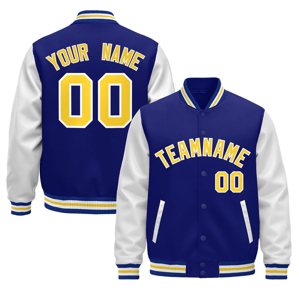 Custom Royal Blue White Gold Raglan Sleeves Varsity Full-Snap Leather Sleeves Letterman Jacket| KXKSHOP